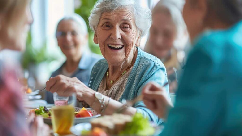 A comfortable common area with armchairs, large windows, and residents reading or chatting together.